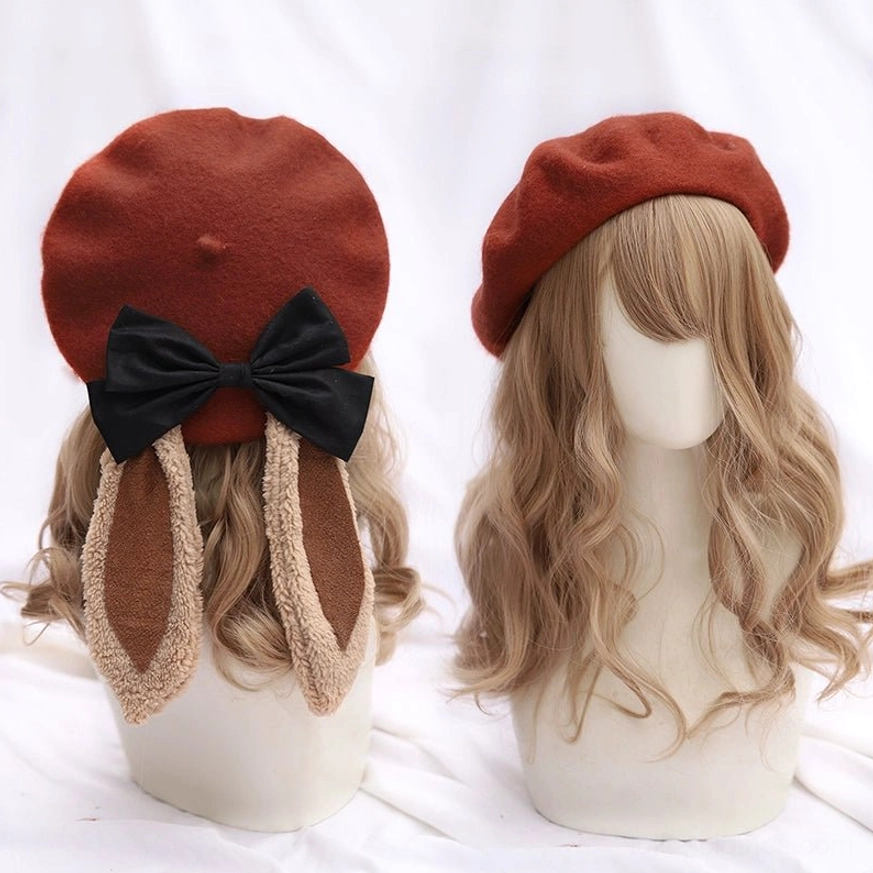 Kawaii lolita beret with detachable bunny ears and bow - brick red wool blend beret front and rear display on blonde mannequin head