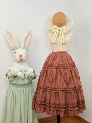 Brick red country lolita underskirt with multiple ruffle tiers and soft cotton fabric showing bell-shaped skirt construction