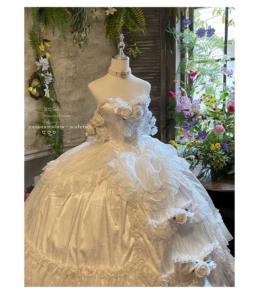 Wedding theme styling of bridal lolita gown with bridal bouquet and formal occasion accessories