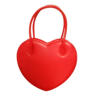 Bright red handcrafted sweet heart-shaped lolita handbag with dual top handles front view on white background
