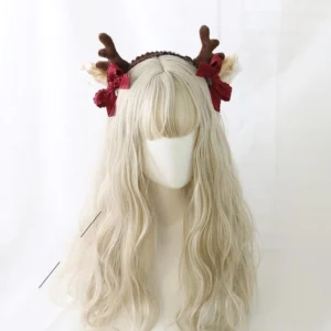 Brown plush elk antler lolita KC headband with wine red detachable bow, beige fuzzy ears, and ruffled headband base displayed on blonde mannequin - Christmas festive lolita accessory front view