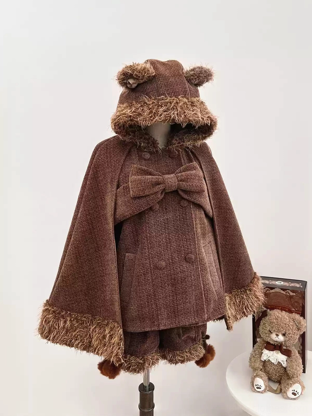 Brown bear ear hooded lolita cape detailed front view showing hood construction quality large ear details fuzzy trim and overall silhouette on single model