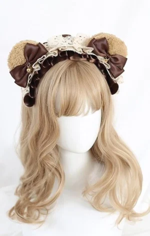 Dark brown bear ear lolita hair accessory with vintage lace trim and tiny decorative bells close-up front view
