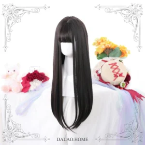 Brown black long straight lolita synthetic wig front full view on mannequin head with plush toy and flower bouquet decor featuring smooth straight texture