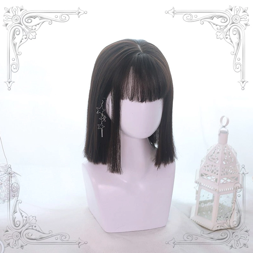 Brown black short straight bob lolita wig dark natural shade front angle mannequin display