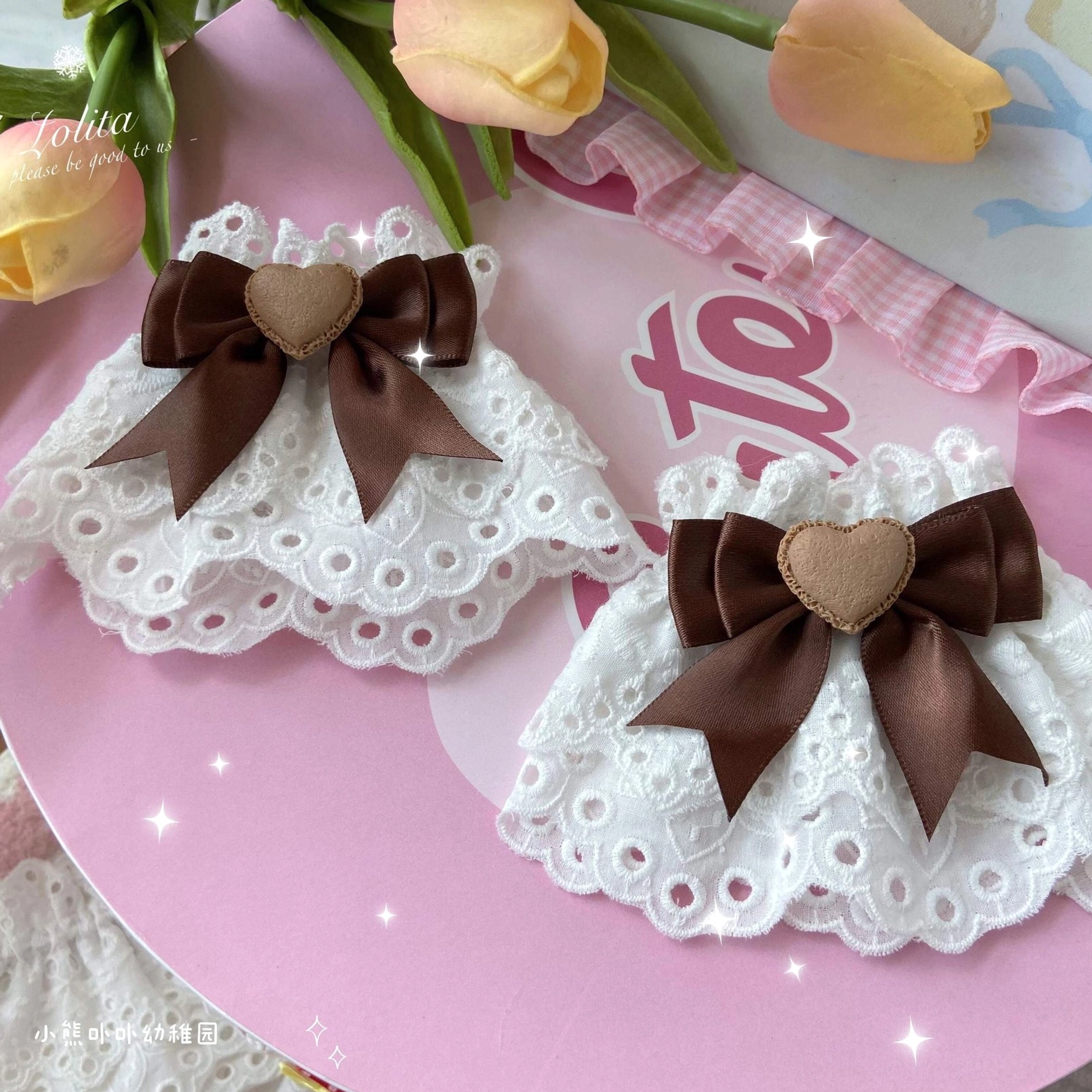 brown satin bow lace wrist cuff with heart-shaped lace cutout earthy tone sweet lolita coordinate