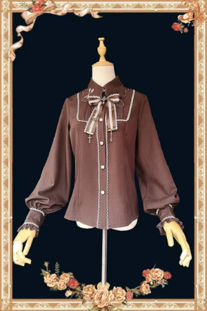 brown chocolate lolita lapel blouse front full view dress form with contrast lace trim and detachable bow tie