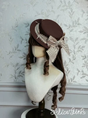 Brown classic lolita flat top hat with beige striped bow and lace trim three-quarter front view on wig mannequin