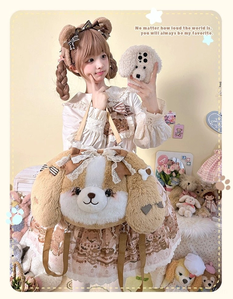 Brown Cocker Spaniel plush lolita backpack front portrait view with model in bear-themed sweet lolita dress twin braids holding mini plush toy