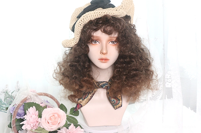 Brown curly lolita wig pre-order option displayed with classic sweet lolita coordinate accessories