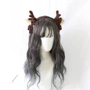 Brown fuzzy antler elk lolita hair hoop with dark brown bow accent and plush ears on dark gray-brown wig mannequin - elegant Christmas lolita KC headwear styling