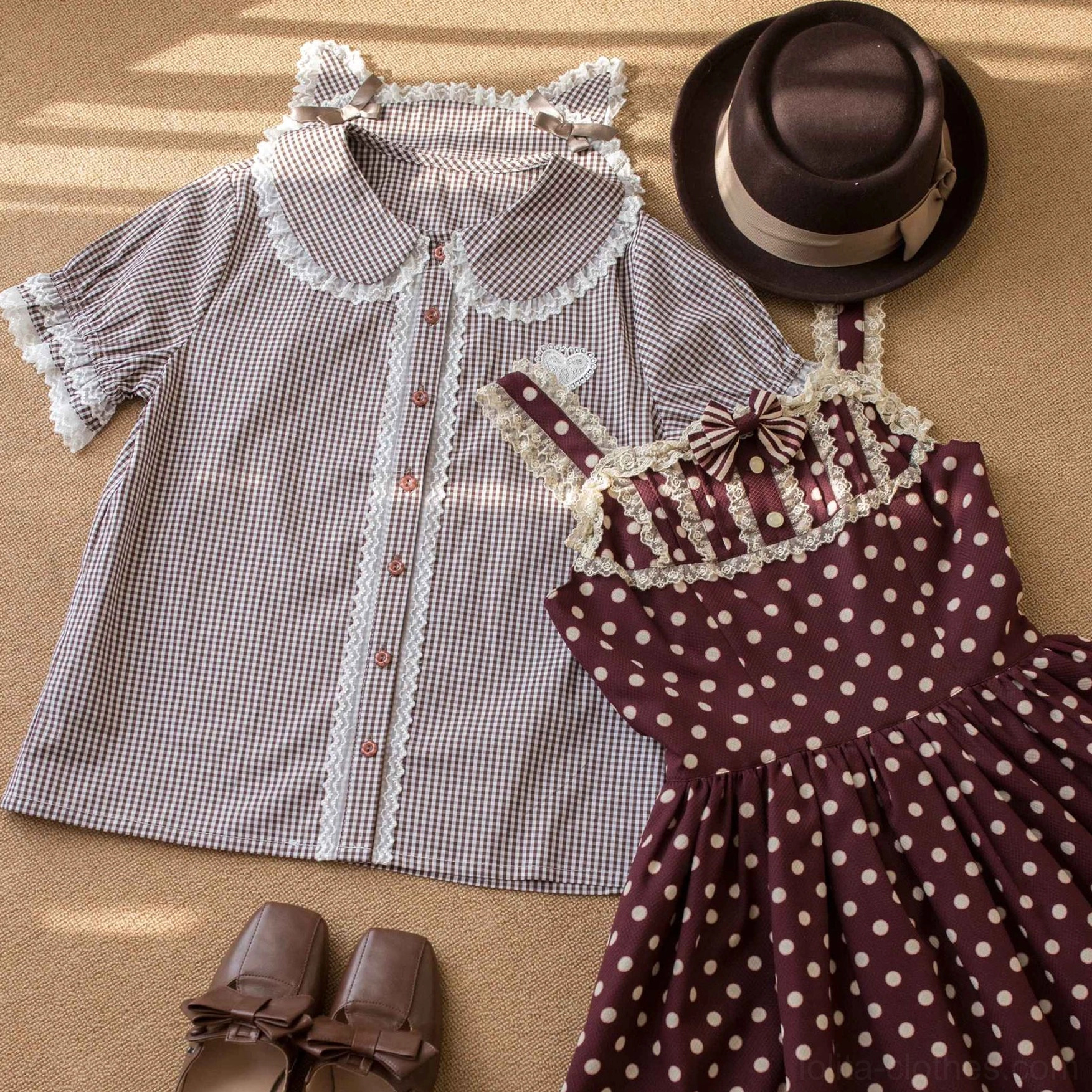 Brown gingham Lolita blouse with Peter Pan collar and lace trim, displayed with polka-dot jumperskirt, vintage top hat and country Lolita styling