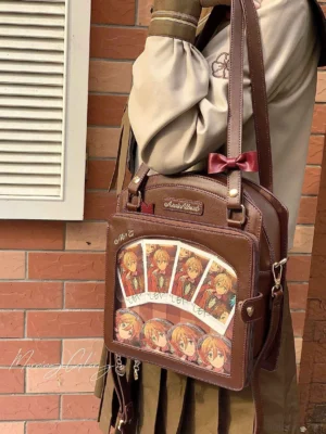 Brown kawaii lolita checkered itabag worn on shoulder outdoors with anime card display window and red bow decoration