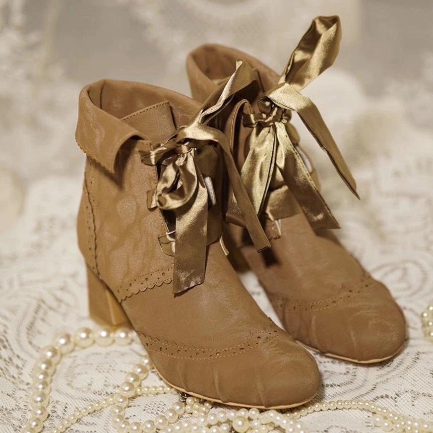 Brown lolita ankle boots full product display showing classic lolita aesthetic warm neutral colorway and versatile styling for multiple coordinate themes