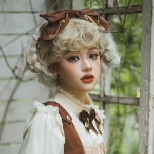 Brown lolita KC hair bow with gold trim and matching neck bow on blonde curly wig model in vintage indoor garden setting
