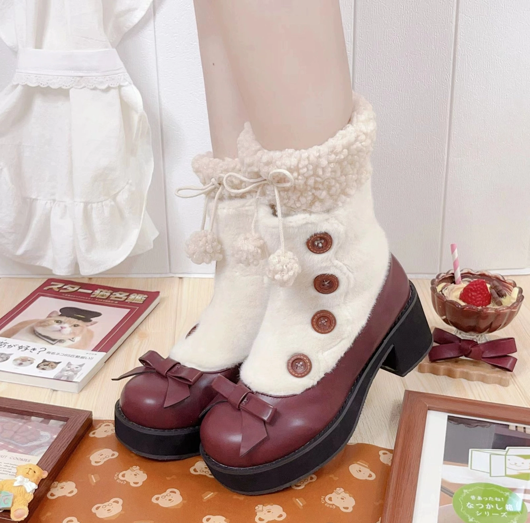 Brown lolita mary jane boots close-up faux fur texture button details bow front Victorian style ankle boot