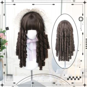 Brown Lolita wig front and back view comparison showing spiral roman curls and blunt straight bangs from front and full back appearance with lace bonnet on mannequin