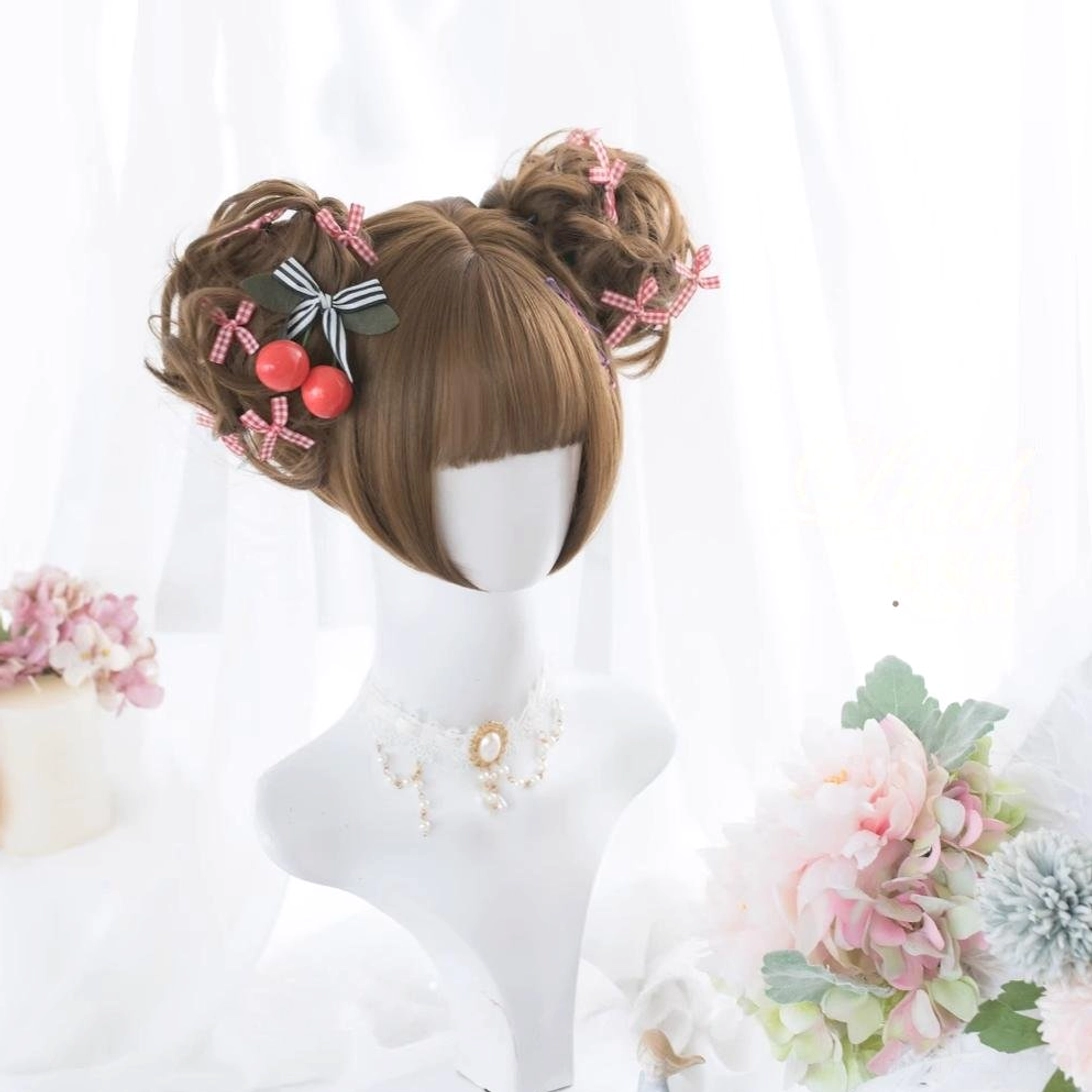 Brown lolita twin curly bun wig with blunt bangs front view decorated with cherry ornaments and bow hairpins on mannequin with floral background