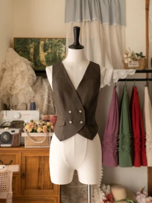Deep brown Victorian tailored Lolita vest waistcoat with V-neck, double-breasted buttons, and cinched waist design on dress form