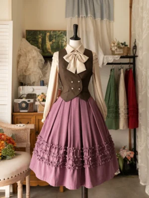 Brown Lolita vest matching outfit set featuring waistcoat with detachable bow tie, ruffled trim skirt, and coordinating long-sleeve blouse