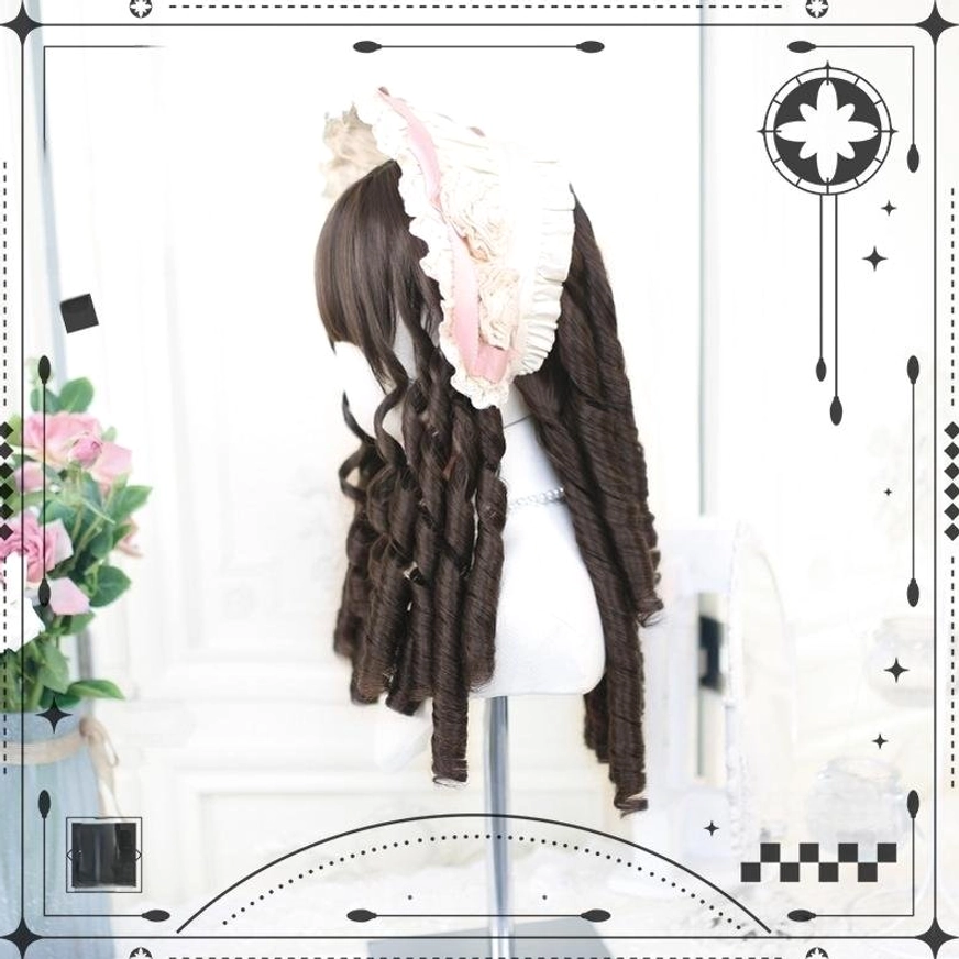Right side back view of brown Lolita curly wig showing long spiral roman roll curls and side wearing effect with pink-edged ruffled bonnet on floral studio background