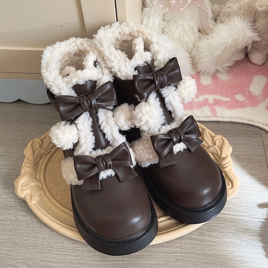 Brown color lolita winter snow boots detailed front view bow accent shearling trim