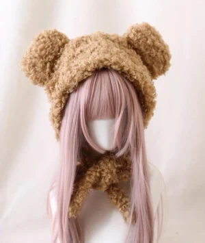 Adorable brown plush bear ear lolita winter hat front view on mannequin with long pink hair
