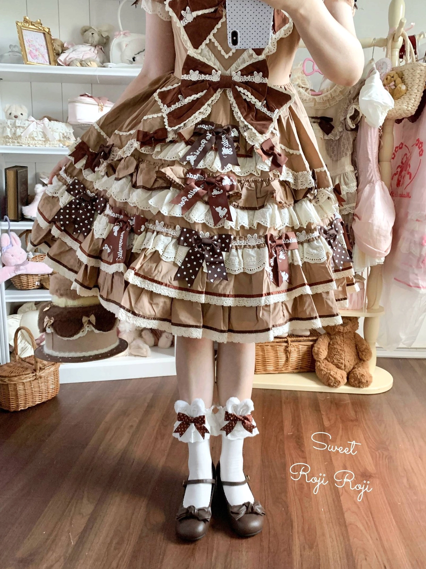Chocolate brown sweet lolita socks with brown polka dot frilled skirt brown leather Mary Jane shoes bunny ear lace trim coordination
