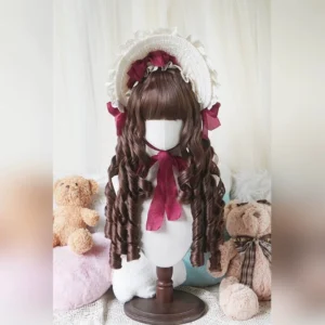 Brown spiral curl Lolita wig with blunt bangs and wine-red necktie, styled on mannequin with vintage straw bonnet and red bows, featuring tight Roman waves and full volume curls perfect for Classic Lolita fashion coordinates
