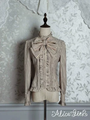 Brown yarn-dyed striped classic lolita blouse front display with large decorative bow and ruffled details