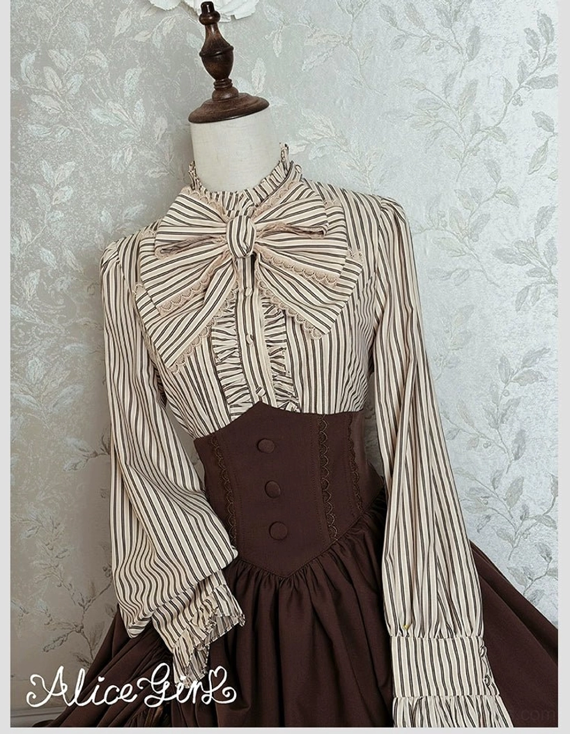 Ruffled stand collar detail of brown striped Victorian lolita blouse close-up view