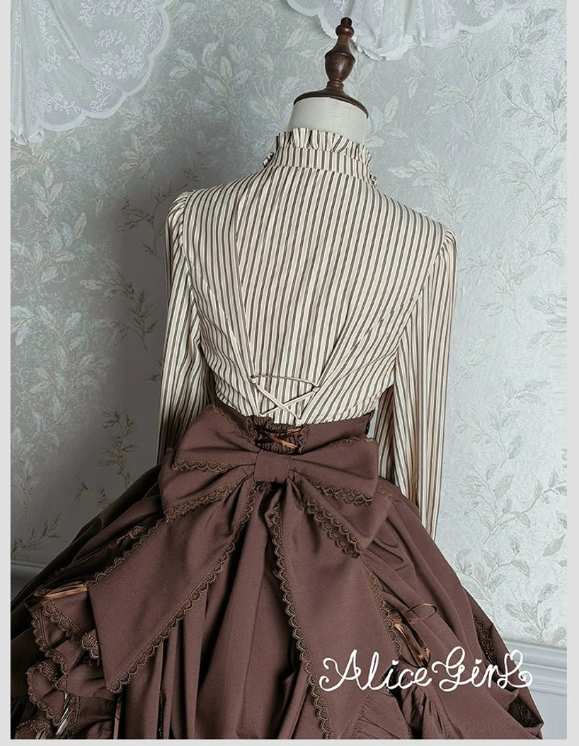 Brown striped Victorian lolita blouse full figure display on dress form showing complete garment