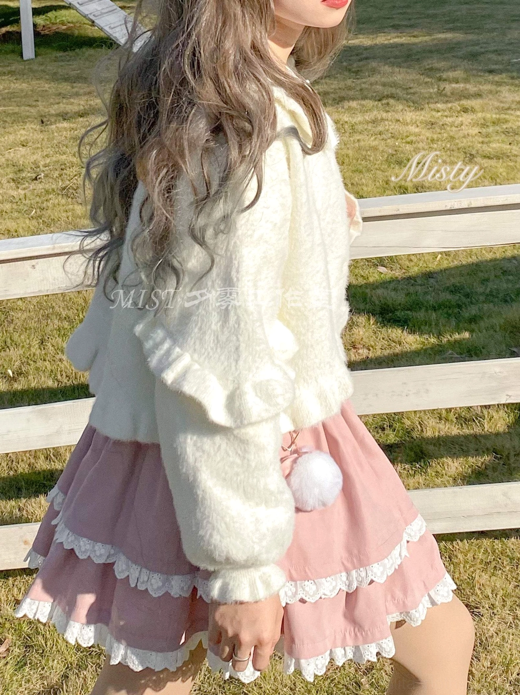 Brown sweet lolita fuzzy cropped cardigan warm earthy tone puff sleeves styling display front view