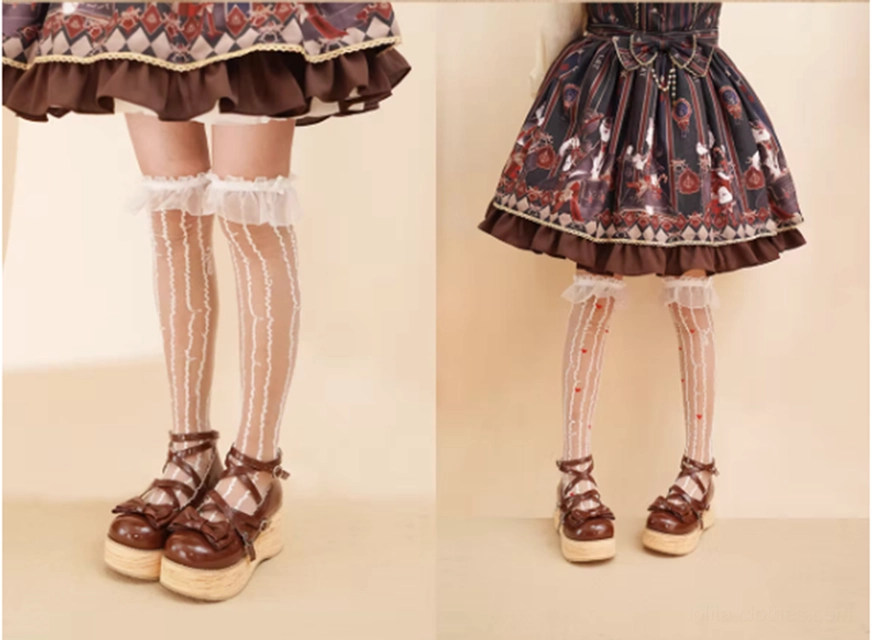 Brown sweet lolita platform Mary Jane shoes styled with floral print lolita dress romantic garden theme