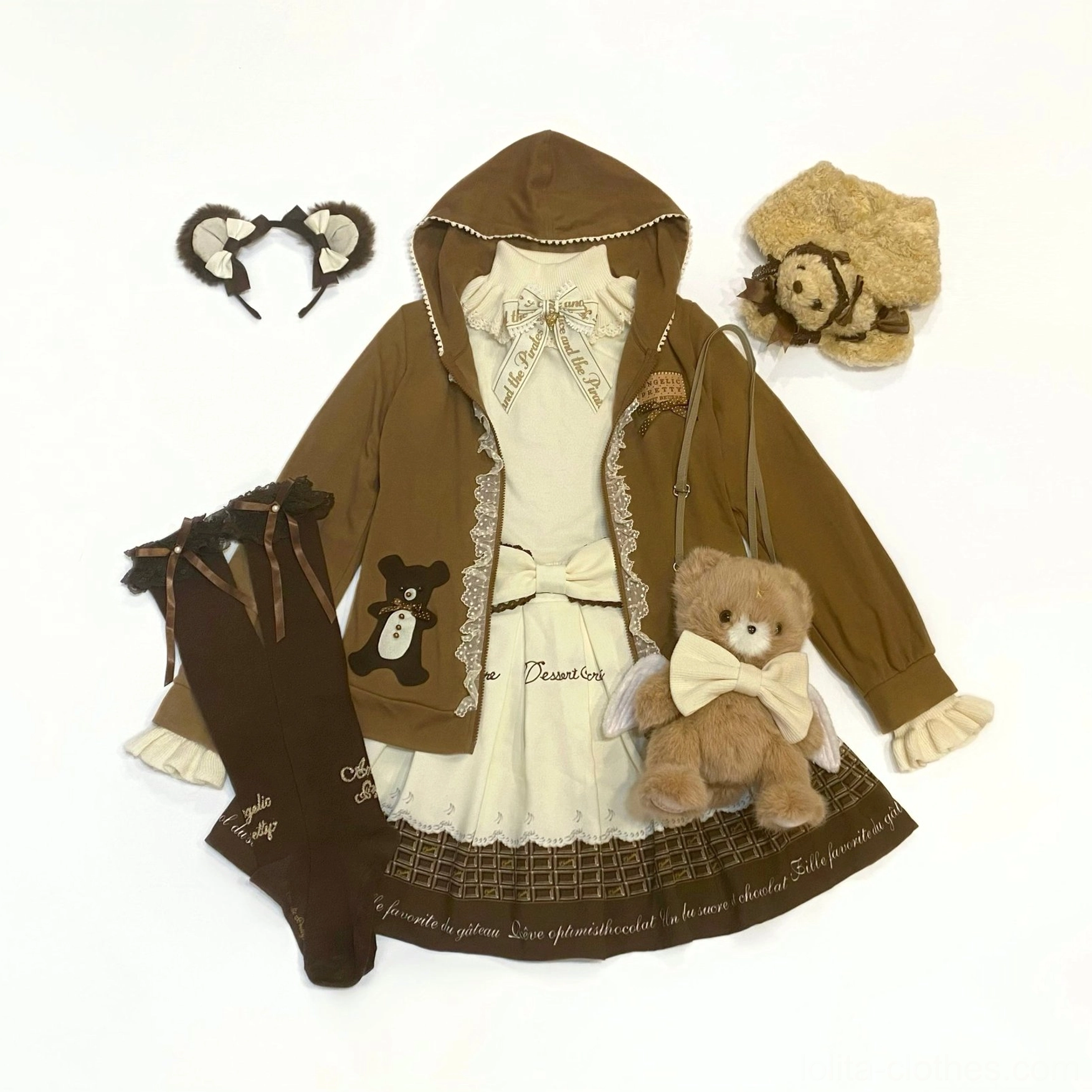 Brown vintage daily lolita matching set with hooded coat bear embroidery white inner dress wool sweater long socks