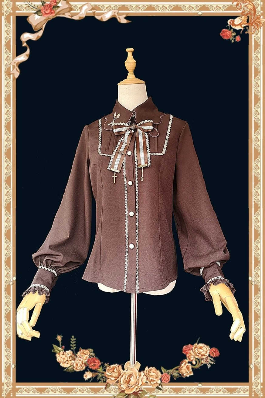 Brown-colored structured blouse component with puff sleeves and delicate lace ruffles available separately for vintage peppy sailor Lolita coordinate in S through XL sizing