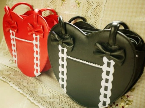 Brown with white heart-shaped Lolita tote bag front view with country Lolita aesthetic bow trim