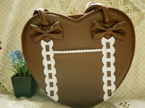 Brown with white heart-shaped Lolita tote bag full front view earth tone classic Lolita styling