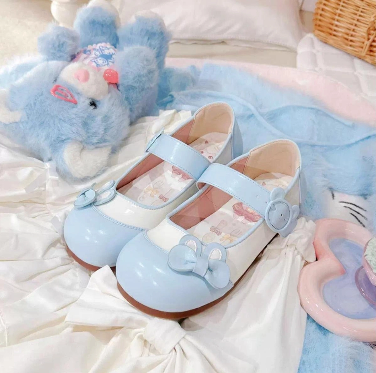 Kawaii aesthetic styling inspiration for bunny ear lolita flat shoes showing versatile color options from black khaki pink to sky blue coordinating with lolita outfits