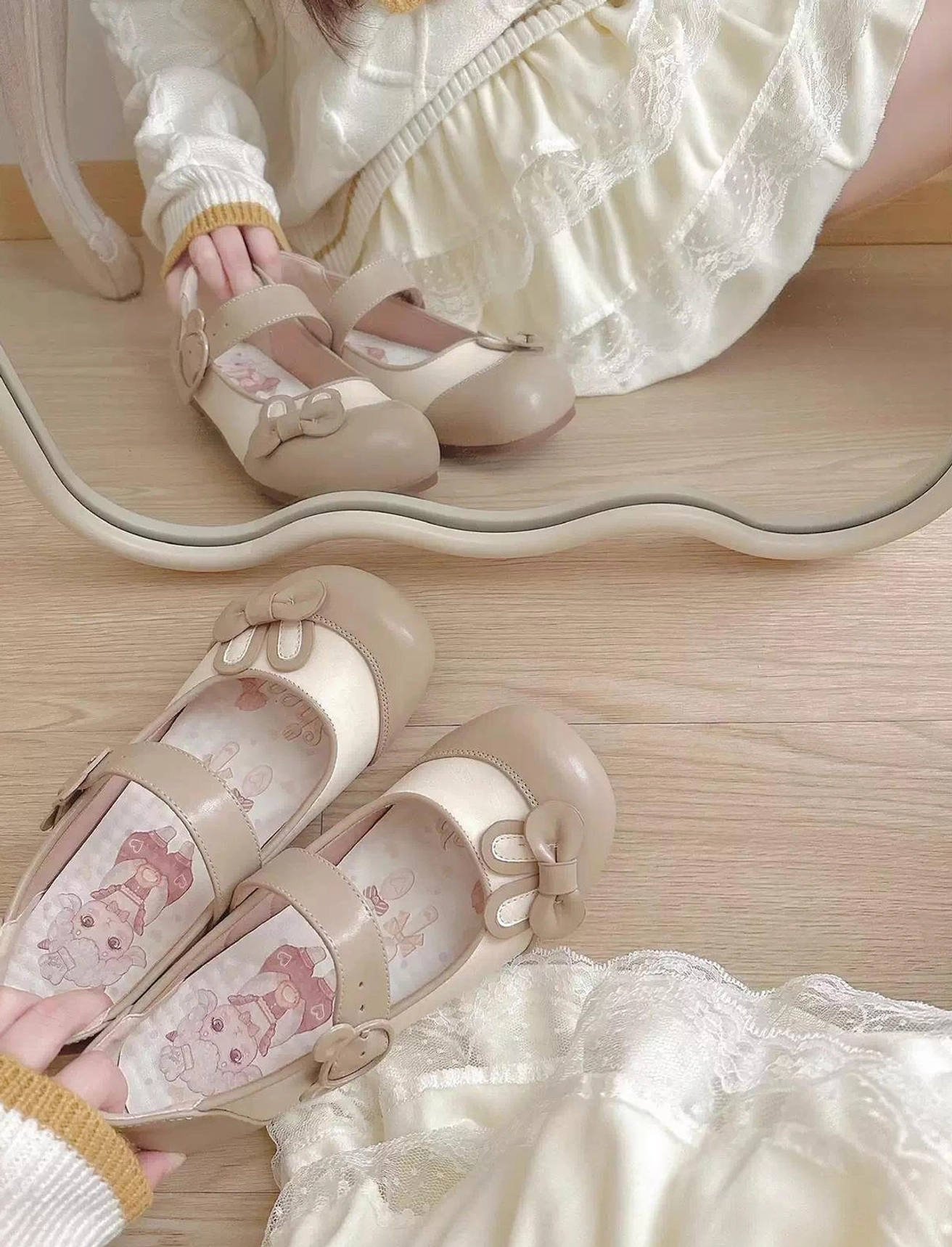 Bunny ear lolita flat shoes material composition chart showing PU upper PU foam insole and rubber outsole with lamb pattern and cruelty-free alternatives