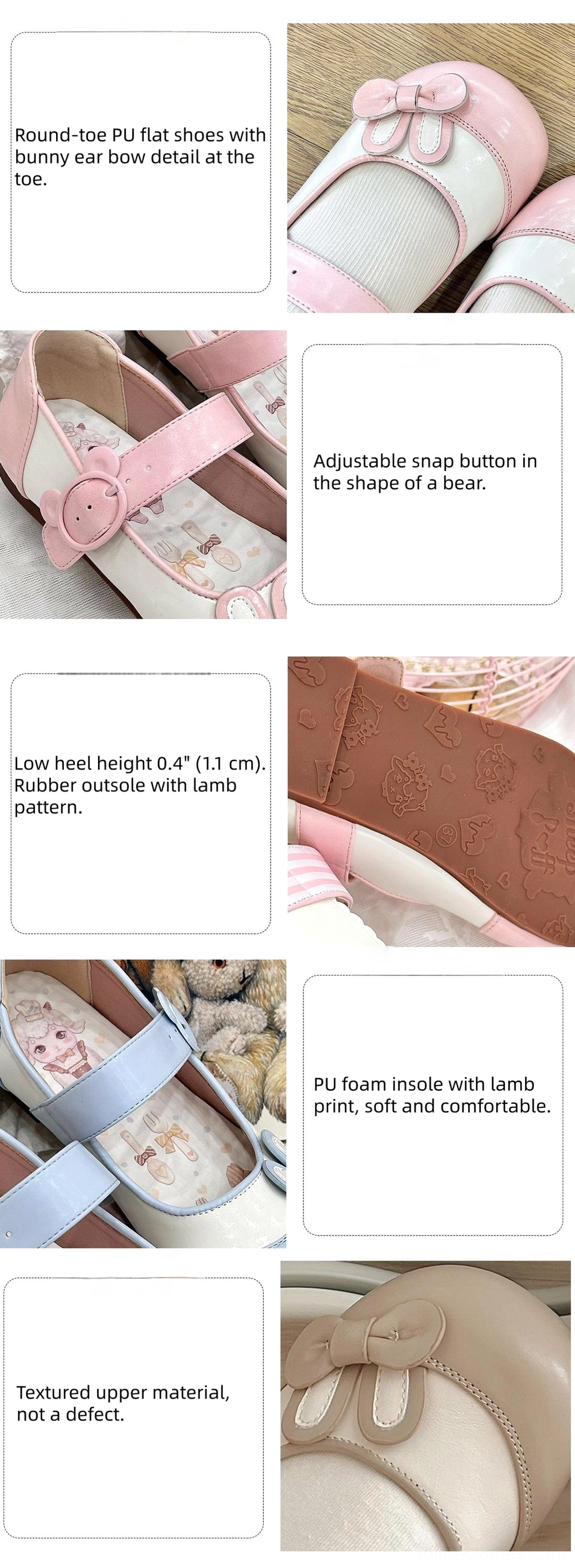 Product specification detail sheet showing round toe PU flats bunny ear bow bear-shaped buckle strap 3.5cm low heel and lamb pattern outsole design features