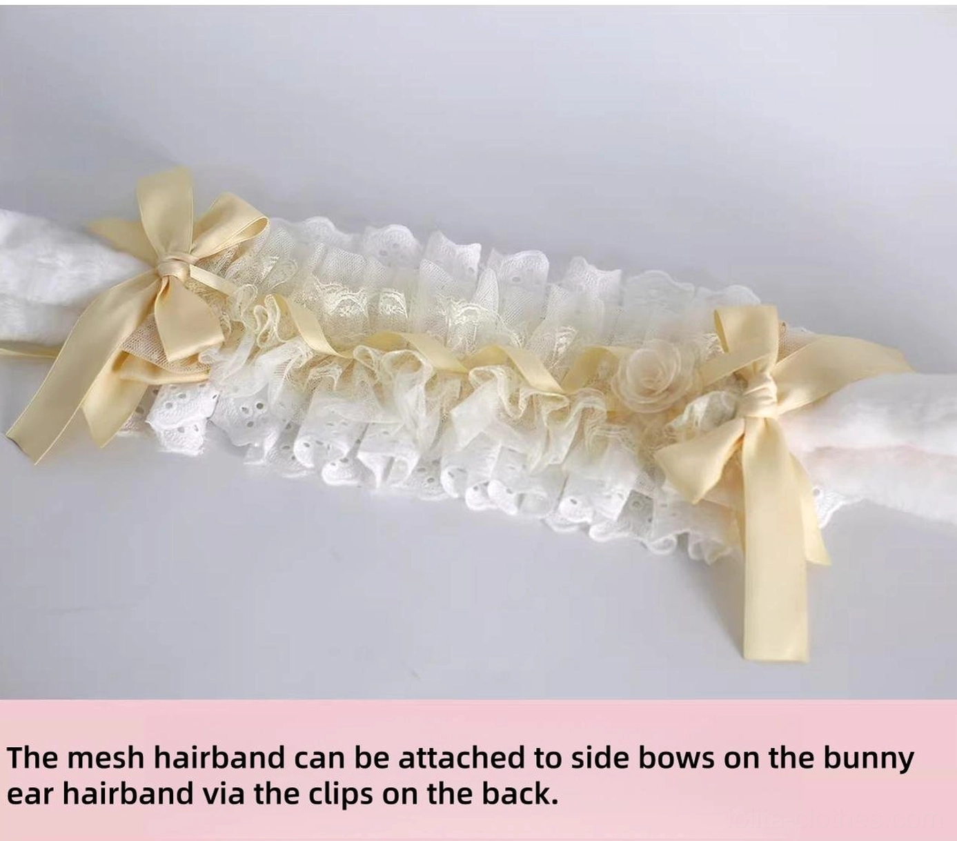 bunny-ear-lolita-hairband-base-flat-lay-top-view-ruffled-mesh-lace-beige-satin-bows-metal-spring-clips-attachment