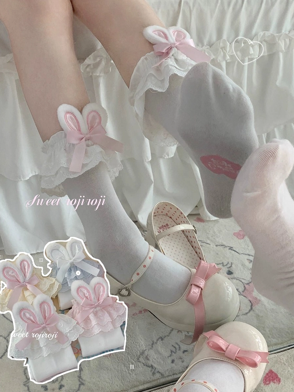 Stretchy white bunny ear lolita short socks delicate lace ruffle pink bow detail close-up hand held view