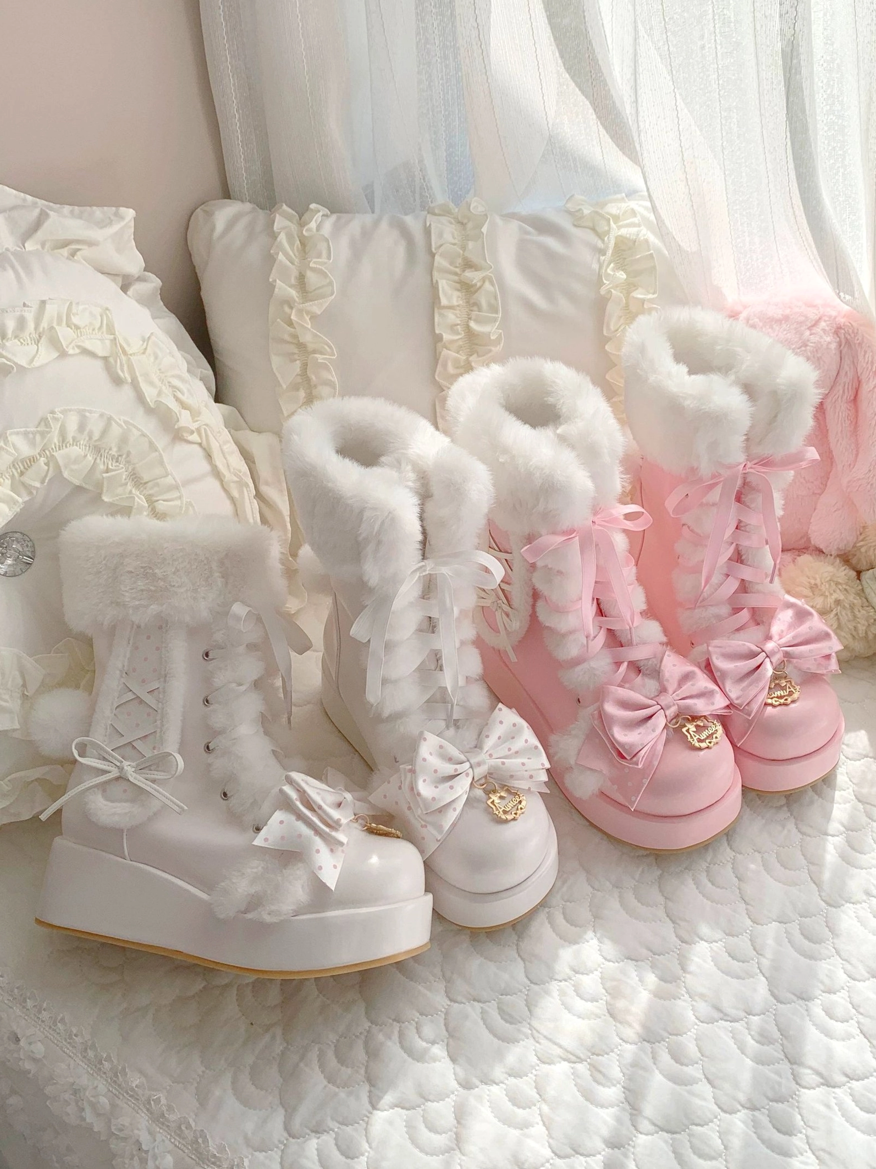 Bunny ear sweet lolita winter platform boots positioned in styled home setting with coordinating lolita accessories, demonstrating versatile styling options and aesthetic coordination possibilities