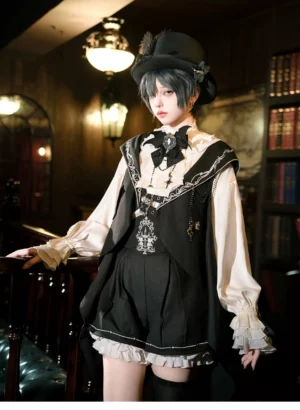 Bunny ear hooded ouji lolita vest set with silver embroidery, front three-quarter view worn by model in vintage library setting, featuring black and white styling with frilled shirt cuffs, suspender shorts, and formal top hat with feather