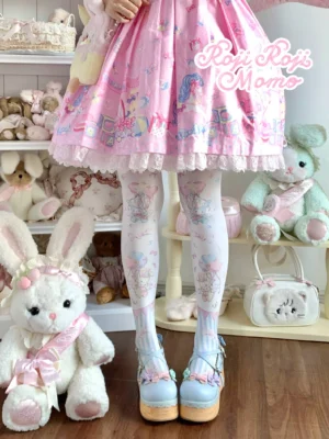 Blue pastel bunny printed sweet lolita pantyhose back view with pink lace hem skirt and platform shoes showing detailed cute cartoon print design