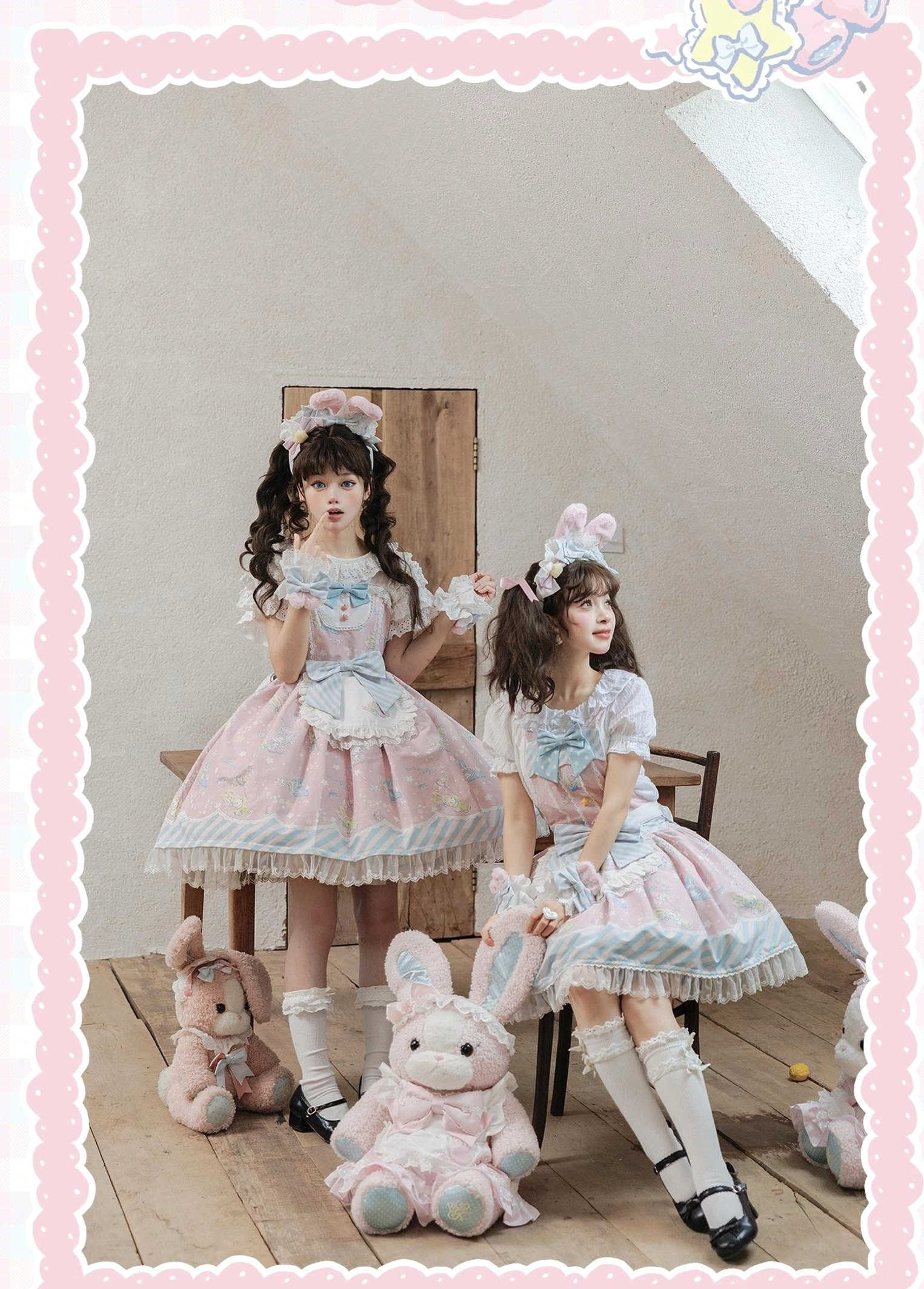 Full-body sitting and standing indoor view of bunny-themed sweet Lolita dresses on young models with bunny hair accessories, displaying ruffled lace hem, front apron-style design, bowknot decorations, wooden floor room with plush rabbit toys and desk chair