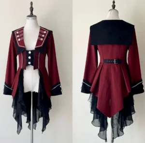 Burgundy black military gothic lolita coat set front and back display showing contrast black collar, adjustable waist belt, high-low ruffled tulle skirt, and structured military coat shape