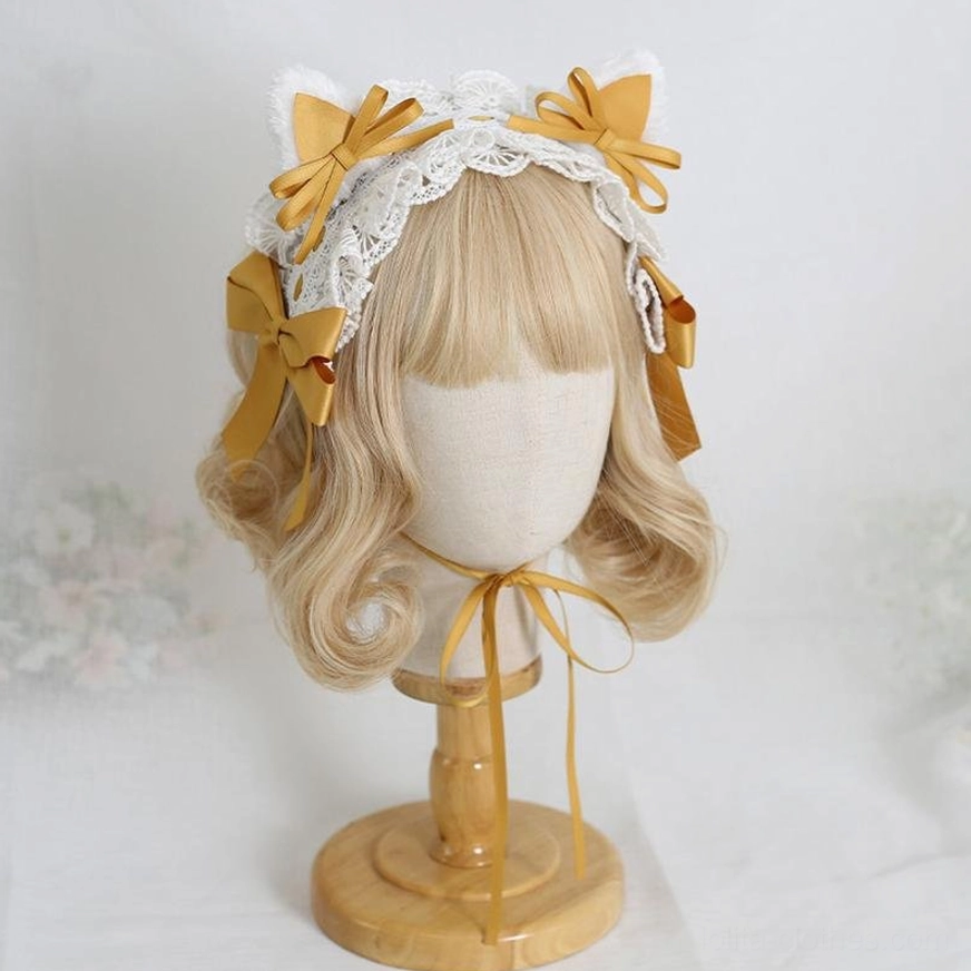 burgundy wine red cat ear sweet lolita headband with multi-piece satin bows adjustable chin strap wooden stand three-quarter view