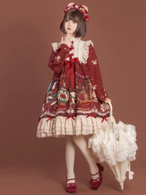 Burgundy Crown Bear Kawaii Daily Lolita One-Piece OP Dress full front view on model with bear hair accessory vintage tea party print skirt cream ruffled hem